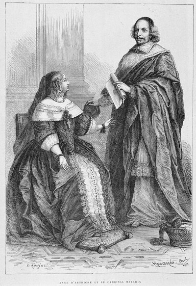 Anne av Østerrike og kardinal Jules Mazarin (1602-1661) - Grav., i "Histoire de France fra de fjerneste tider til 1789" av M. Guizot av Unknown artist