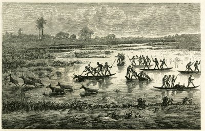 Antilopejakt, årlig jakt under trekk, antiloper som bremses ned i elvevannet blir slaktet av Marutse-krigere, som forfølger dem i balanse på kano. Gravering for å illustrere historien «Au pays des Marutses», i 1875-1879, av Dr. Emile Hol av Unknown artist