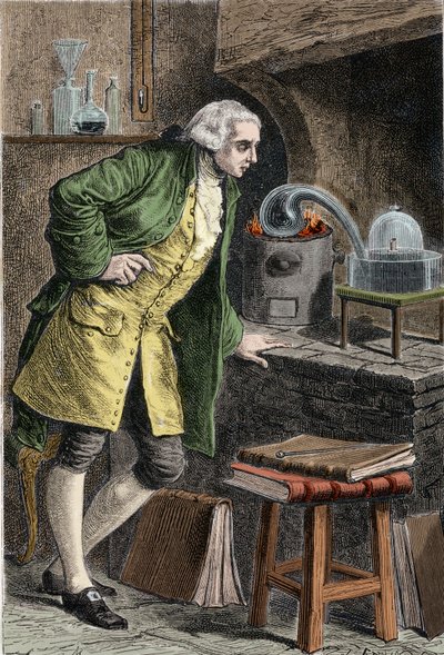 Antoine Laurent Lavoisier (1743-1894) fransk kjemiker, undersøker eksistensen av oksygen i luften: eksperiment der han oppnådde kvikksølvoksid - Lavoisier dans son laboratoire. Gravering fra 1800-tallet. av Unknown artist