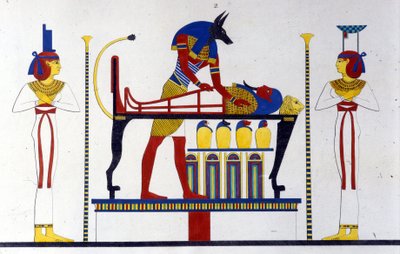 Anubis og en mumie - i "" Monuments of Egypt and Upper Nubia"" av Ippolito Rosellini (Rossellini). av Unknown artist
