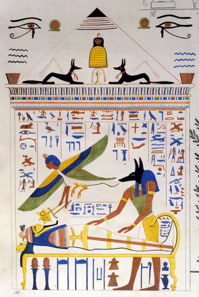 Anubis tar seg av mumien mens sjelen til den avdøde flyr for transmigrasjon - i "" Monuments of Egypt and Upper Nubia"" av Ippolito Rosellini (Rossellini). av Unknown artist