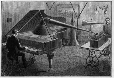 Apparat for innspilling av et pianostykke av fonografen, en oppfinnelse av Thomas Alva Edison (1847-1931). Gravering i "" Nature. Journal of science og dets anvendelser til kunst og industri. av Unknown artist