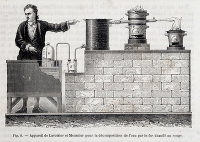 Apparat av Antoine Laurent de Lavoisier og Meusnier for dekomponering av vann med jern oppvarmet til rødt - i "" Les wonders de l