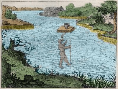 Apparatus to enable diver to breathe under water - A method used by the elders to cross the rivers engraving in “Utriusque cosmi maioris scilicet et minoris metaphysica, physica atque technica Historia”” (Metaphysical, physical and technical history of bot av Unknown artist