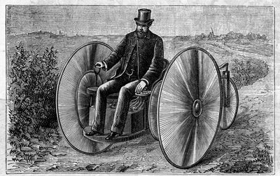 Bruk av Faure-batterier: elektrisk trehjulssykkel som beveger seg gjennom akkumulatoren. Gravering i "" Le Monde Illustré"" av Unknown artist
