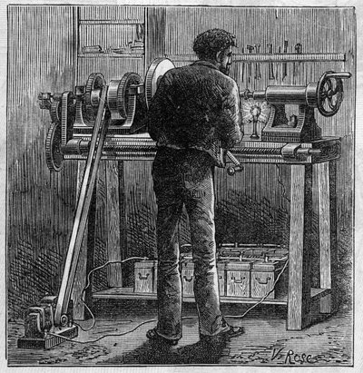 Application of Faure batteries: turn of a craftsman powered by the accumulator. Engraving in “” Le Monde Illustré”” av Unknown artist