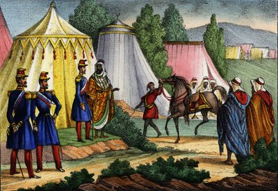 Arabisk leder tilbyr en hest til en offiser fra den franske hæren i Afrika, Algerie av Unknown artist