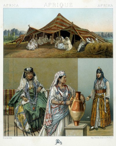 Arabisk telt, algeriske kvinnekostymer - i "" Le costume historique"" av Racinet av Unknown artist