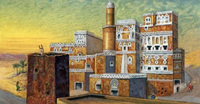 Arabisk arkitektur: «Utsikt over et hus typisk for byen Sana#39;a (Sana, Sana#39;a) i Jemen» (Utsikt over et hus i den gamle byen Sana#39;a, Jemen) kromolitografi fra 1930-tallet Privat samling av Unknown Artist