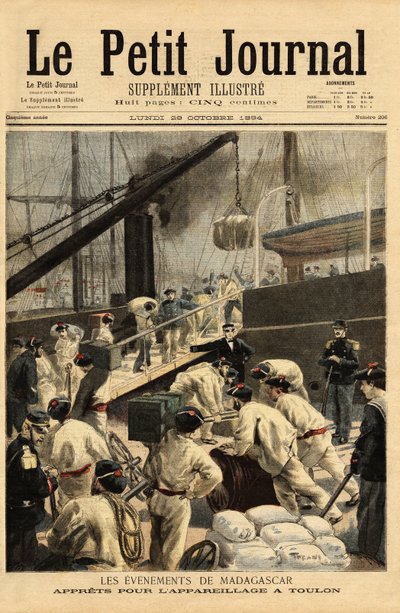 Bevæpning ved Toulon av krysserne Dupetit-Thouars og Laperouse, og boarding av 15 000 tropper, for en ekspedisjon til Madagaskar, etter avgjørelse fra Theophile Delcasse (1852-1923) koloniminister. Gravering i "" Le petit journal"" 29/10/1894. Selvas kolle av Unknown artist