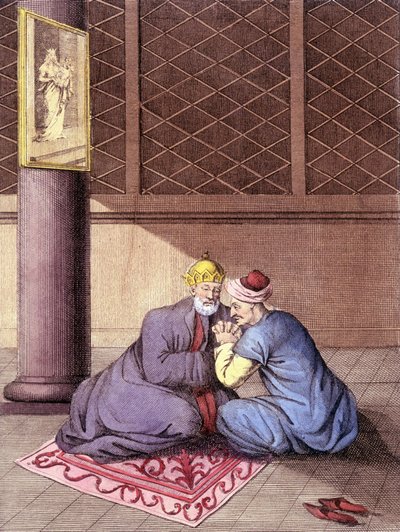 Armensk biskop lytter til bekjennelsene til en mann. av Unknown artist