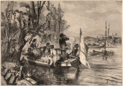 Rundt Paris i 1857. Kanopaderne i Asnieres. Gravering i “Le Monde illustrious”” fra 1857. Privat samling. av Unknown artist