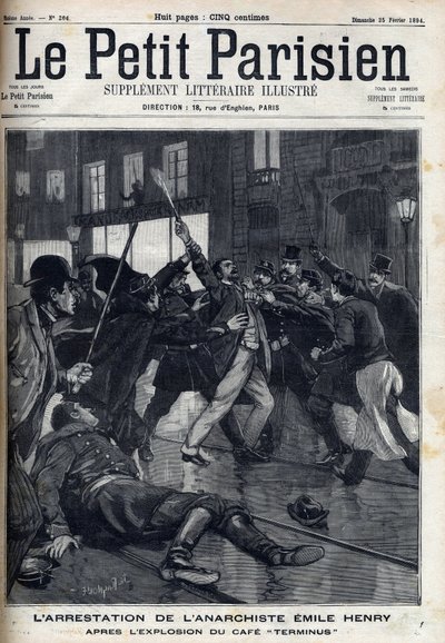 Arrestasjon av anarkisten Emile Henry (1872-1894) etter eksplosjonen av kafeen "Terminus"" i Paris. Gravering i "" Le Parisien"" av Unknown artist