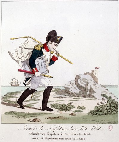 Ankomst av Napoleon til Elba Island (bærende under armen til Code Napoleon) - i "" Napoleon 1st, karikaturer, dummy-samling"", ca. 1814 av Unknown artist