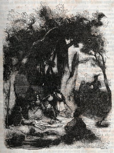 Arrival of Rodomont and Mandricard to the fountain of Merlin - engraving of 1851 from “” Roland furieux”” (Orlando furioso) (16th century) by Ludovico Ariosto, known as the Ariosta - Edition translated from Italian by the Count of Tressan and published by  av Unknown artist