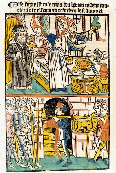 Ankomst av mat slik at medlemmene av Constance of Constance (1417) hvor pave Martin V ble valgt kunne spise. «Das Concilium» av Unknown artist