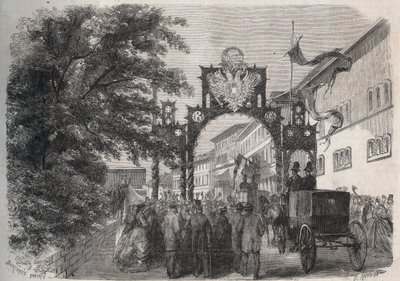 Ankomst av imponen Elisabeth av Østerrike (Sissi) (Elisabeth av Østerrike) i Bad Kissingen (Spa) i 1865 - gravering i "The Illustrous World" fra 1865 av Unknown artist