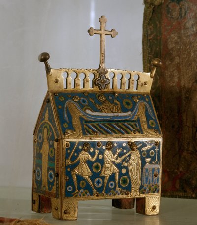 Kunstverk: relikvieskrin i e-post, gull og kobber av Saint Thomas Becket (1118-1170), erkebiskop av Canterbury - Det er dekorert for representasjoner av attentatet på erkebiskopen 29.12.1170 i Cantorbery Cathedral og hans begravelse (emalje, gyllen) og co av Unknown artist