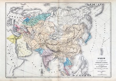 Asia på tidspunktet for den største utstrekningen av mongolsk dominans under Qubilai (Kubilai Khans styre) (1260-1294) - Kart utarbeidet av M J-H Schnitzler, Historical and Picturesque Atlas 1857 av Unknown artist