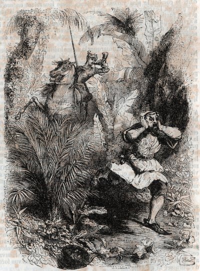 Astolphe får Caligorant til å flykte - 1851 gravering fra "" Furious Roland"" (Orlando furioso) (1500-tallet) av Ludovico Ariosto, kjent som Ariosto - Edition oversatt fra italiensk av greven av Tressan og utgitt av Gustave Harvard 1851 av Unknown artist