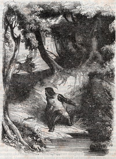Astolphe på kanten av en fontene - gravering av 1851 fra "" Furious Roland"" (Orlando furioso) (1500-tallet) av Ludovico Ariosto, kjent som Ariosta - utgave oversatt fra italiensk av greven av Tressan og utgitt av Gustave Harvard 1851 av Unknown artist