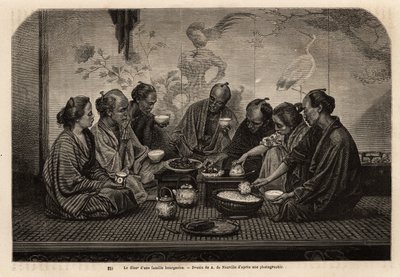Ved middagen til en borgerlig familie samles menn på tatami, rundt små kaffebord, spiser ris i en individuell bolle og serverer kjøtt og grønnsaker i en felles rett, mens de drikker te, serverer to kvinner tjenesten. Gravering for å illustrere reisen til J av Unknown artist