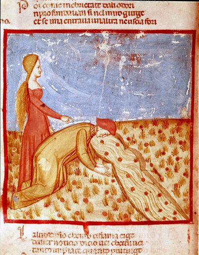 Ved inngangen til Paradise møter Dante Mathelda, og drikker vann fra Eunoe-elven, noe som gjør minnet om gode ting oppnådd. Opplyst side som illustrerer en sang fra Paradiset fra "Divina Commedia" av Dante Alighieri (1265-1321). 14. årh av Unknown artist