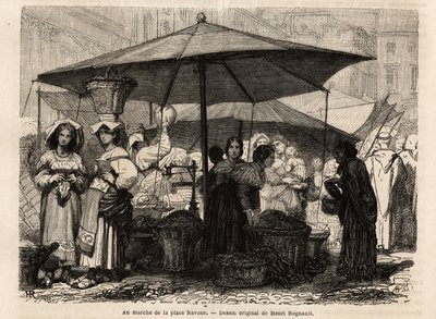 Ved foten av Piazza Navona, Roma (Italia). Gravering for å illustrere reisen til Roma, av Francis Wey, i 1864-1868, publisert i "Le tour du monde, nouveau journal des voyages", under ledelse av Edouard Charton av Unknown artist