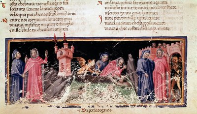 Til venstre står Dante og Virgil ved bredden av elven Styx, den dystre bredden av Acheron. I sentrum ferger Charon Dante og Virgil, som ser veldig skremt ut (sang 3 fra Hell, in the Divine Comedy) - miniatyr av Unknown artist