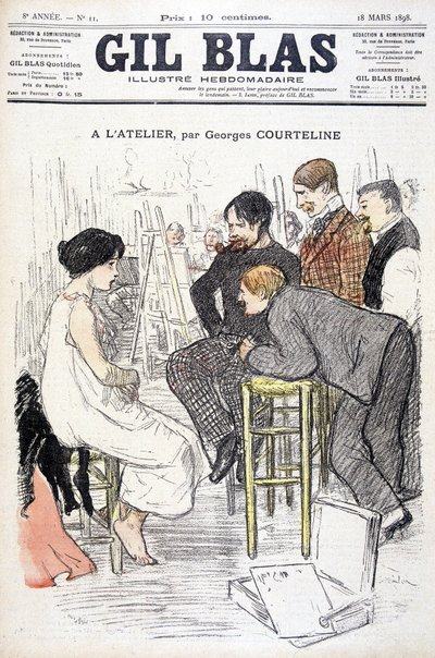 På verkstedet av Georges Courteline. Mann som ser på en kvinne som poserer i et verksted. I "" Gil Blas"", den 18/03/1898. av Unknown artist