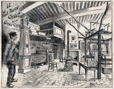 Atelier de Canut a Lyon - the oldest canut of the Grand Cote since 1814 engraving in “Le Progres illustrious”” of 1895 av Unknown artist