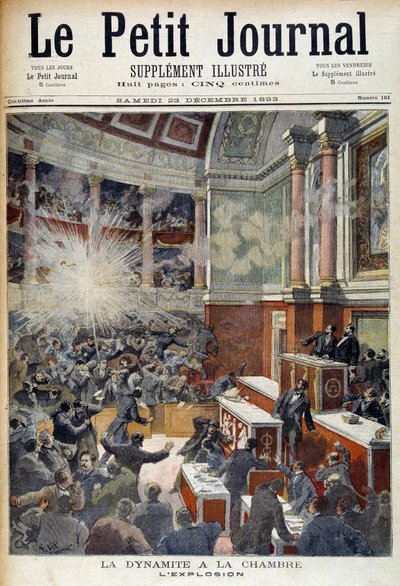Angrep i Deputerthuset. Eksplosjon forårsaket av en bombe stilt av anarkisten Auguste Vaillant (1861-1894). i "" Le Petite journal"", 23/12/1893 av Unknown artist