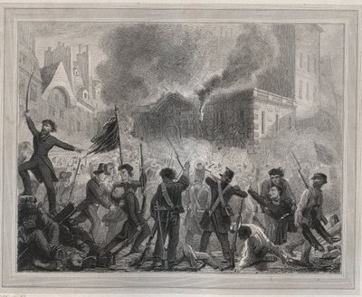 Angrep på Chateau d'Eau - Revolusjon av 1848: "" Brann i slottet av vann plass til det kongelige palasset 24. februar av Unknown artist