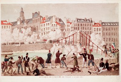 Angrep på rådhuset i Paris og slaget ved Arcola-broen, 28. juli 1830 (Gravering) av Unknown artist