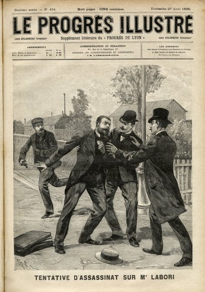 Angrepet på Mr Fernand Labori (1860-1917), en advokat i forsvaret til Alfred Dreyfus (1859-1935), traff med en kule i ryggen i Rennes da han var på vei til stedet hvor saken ble dømt. Omslag til "The Progres Illustré"" fra august 1899 (gravi av Unknown artist