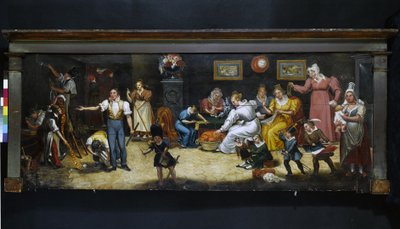 Til den gode familiefaren. Tapetserer-dekoratørskilt. Rue Mouffetard, 5. arrondissement, Paris, ca. 1825 (skilt) av Unknown artist