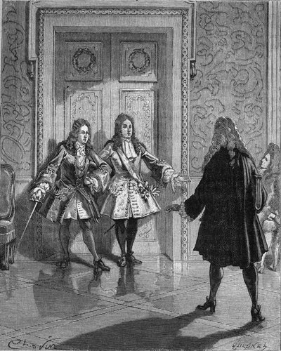 August 1718: Saint Simon (Saint-Simon) (Louis de Rouvroy, hertug av) (1675-1755) blokkerer passasjen til hertugen av Maine (Louis Auguste (Louis-Auguste) av Bourbon) (1670-1736). Gravering fra 1800-tallet. I "History of France" av Jules Michelet av Unknown artist