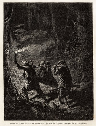 Tilbake fra jakt om natten blir byttet, en bjørn, bundet opp og hengt opp i en gren som jegerne bærer på skulderen. Gravering for å illustrere historien Quatre mois en Florida, av M. Pousselgue, i 1851-1852, publisert i "" le tour du monde", under av Unknown artist