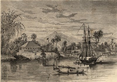 Bangalow, hjemmet til Sir James Brooke, kjent som Rajah of Sarawak (1803-1868) britisk eventyrer første hvite rajah av Sarawak i nærheten av Sarawak (Borneo). Gravering i “Le Monde illustrious”” fra 1857. Privat samling. av Unknown artist