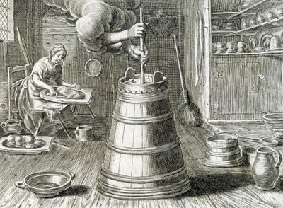 Baratte for smør- og ostefremstilling - gravering av Unknown artist