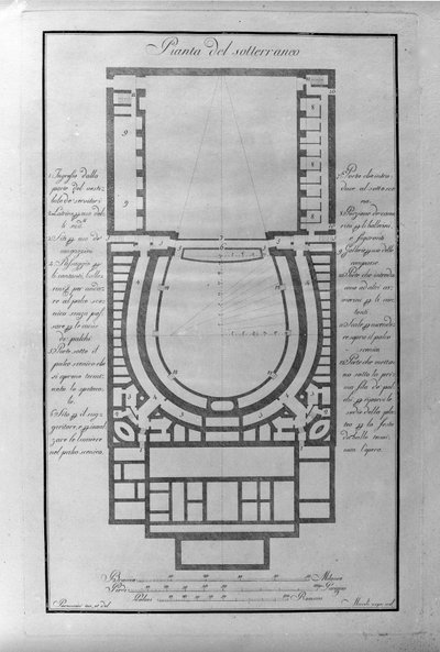 Kjellerplan av theatre de la Scala i Milano ca. 1776-1778 Italia (Teatro alla scala) (arkitektonisk kart over undergrunnen til teateret i Scala, Milano) Gravering av Unknown artist