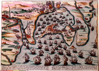 Battle Plan of Cales Males (Spania) 30. juni 1596. Flåten til den nederlandske og engelske hæren går inn som venner ved Cales Males med 180 skip. Dagen etter 1. juli, overrasket av forræderi, måtte de forlate byen med skam. Gravering av Unknown artist