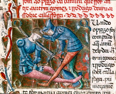 Kamp mellom Rodrigo Diaz de Vivar dit Le Cid (1043-1099) og Martin Gomez. Miniatyrbilde "" Chronicles of Spain"" av Unknown artist