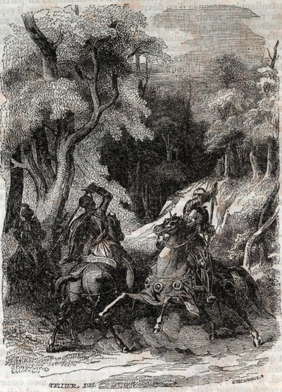 Slaget mellom Roland og Ferragus - gravering av 1851 fra "" Furious Roland"" (Orlando furioso) (1500-tallet) av Ludovico Ariosto, kjent som Ariosta - utgave oversatt fra italiensk av greven av Tressan og utgitt av Gustave Harvard 1851 av Unknown artist