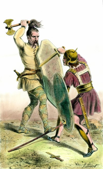 Kamp mellom en franc-soldat og en romersk soldat. 1800-talls gravering privat samling av Unknown artist