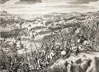 Slaget ved Gembloux (1578) (Slaget ved Gembloux) Spansk hær mot hæren til 16 av de sytten provinsene i Nederland - gravering i "Histoire De La Guerre Des Paisles-Bas" av Famiano Strada (1572-1649) av Unknown artist