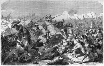 Battle of Ravenna (Italy), death of Gaston of Foix Duke of Nemours (1489-1512) on 11 April 1512. Engraving of the 19th century. av Unknown artist