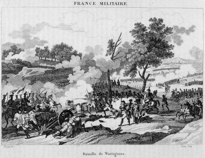 Slaget ved Wattignies: Jourdan og Carnot vant seieren for å låse opp byen Maubeuge beleiret av østerrikerne, oktober 1793. Gravering fra 1800-tallet. av Unknown artist