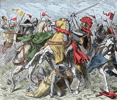 Battle on the Elster: Rudolf of Swabia Mortally Wounded - Revolt of the Saxons (1073-1075): Rodolph of Rheinfelden (ca. 1025-1080), Duke of Swabia og antiking av romerne blir dødelig såret i et slag nær Elster, mot troppene til Henrik IV av av Unknown artist