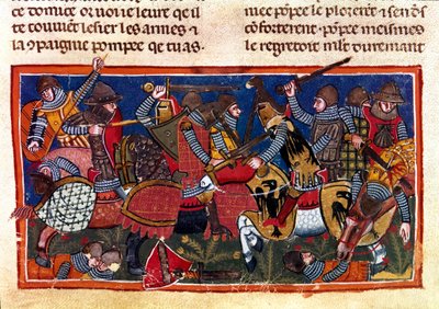 Slagscene Miniatyr fra en fransk kodeks på pergament "Fakta om romerne"" som forteller den eldgamle historien frem til Jules Cesar (101 f.Kr.-44 f.Kr.). Venezia fra 1200-tallet, biblioteca Marciana av Unknown artist